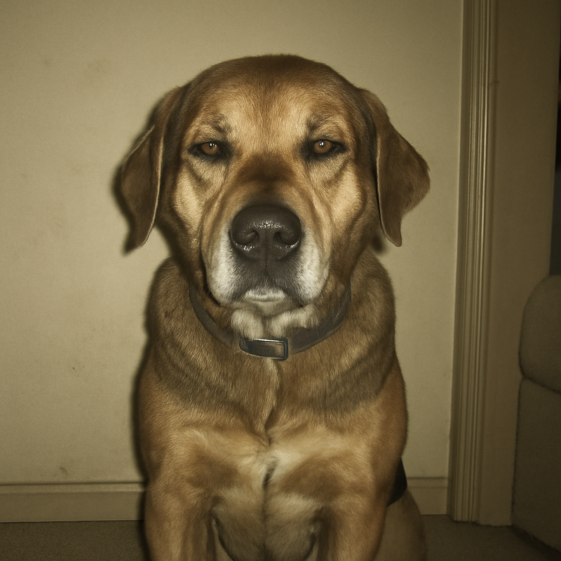 Douglas sitting square to the camera, staring into the lens