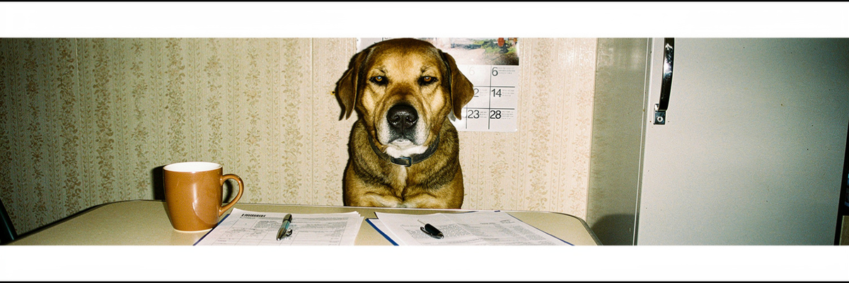 Douglas at the kitchen table with a mug and a stack of bills